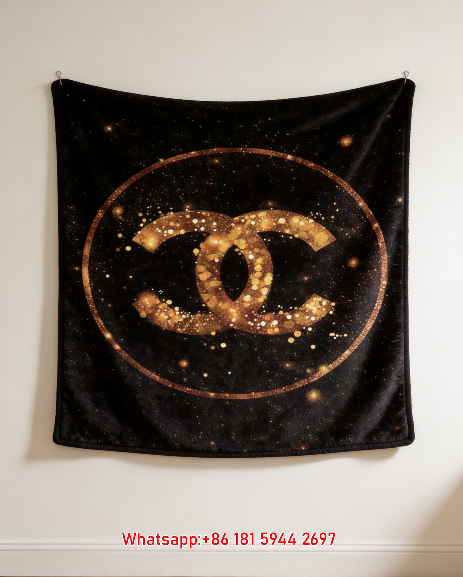 Gold Glitter Chanel Logo Flannel Throw Blanket  Chanel Inspired Luxury Wall Decor IMG_7279